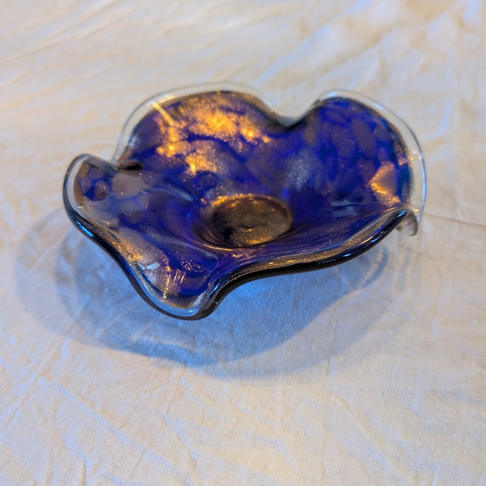 2/60$ Vintage cobalt blue and gold glass art bowl